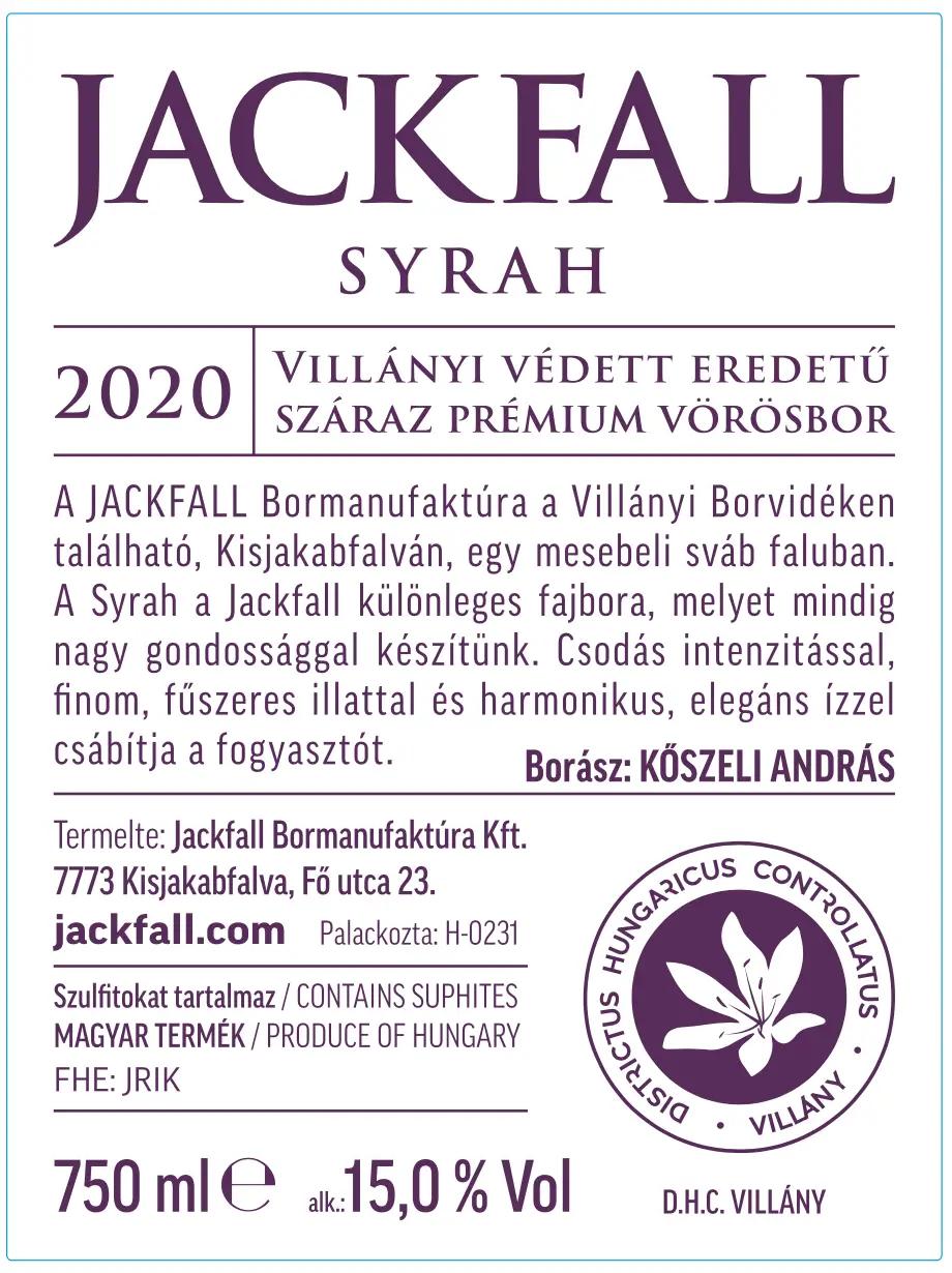 Syrah Prémium 2020 Villány hátcímke